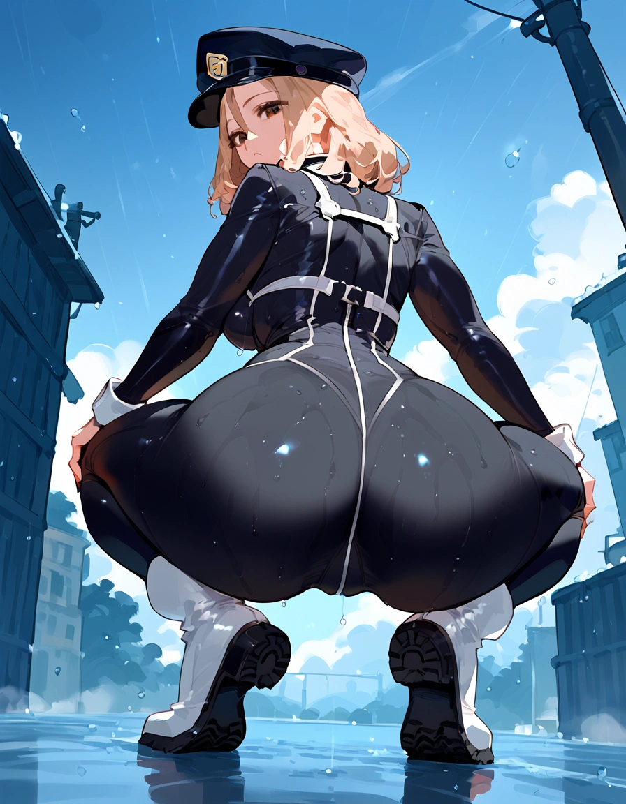 anime artwork, score_9, score_8_up, score_7_up, score_6_up, score_5_up, score_4_up, r,Camie Utsushimi, light brown hair, dark brown eyes,, breasts, , big breasts, , , cap, she is 24 years old, , ,horny, , , , style_3, , outdoors, raining, catsuit, wet, dark atmoshpere, , gaps in the clouds,rear view, heavenly ass, solo, squatting, below view, white boots,
