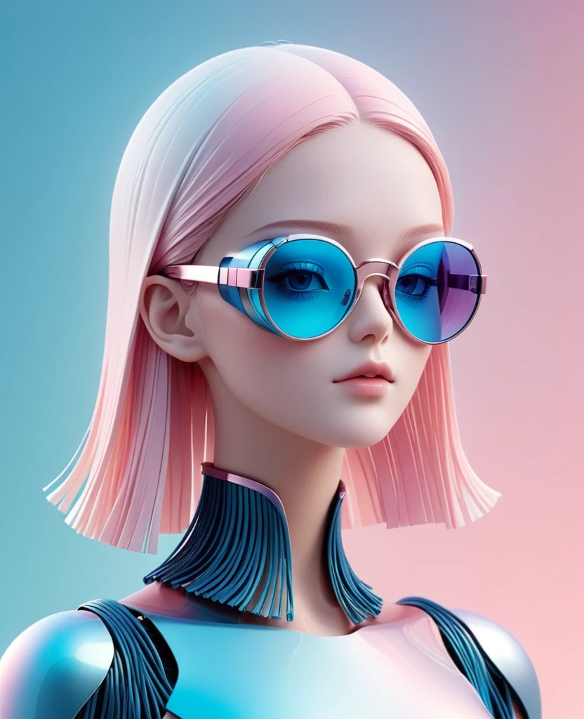 3D illustration of upper body and face of artificial intelligence model wearing futuristic glasses, Stylish glasses with tassels,Gradient background, Pastel color palette, pink blue, Simplicity, cold metallic textures, Surrealism,