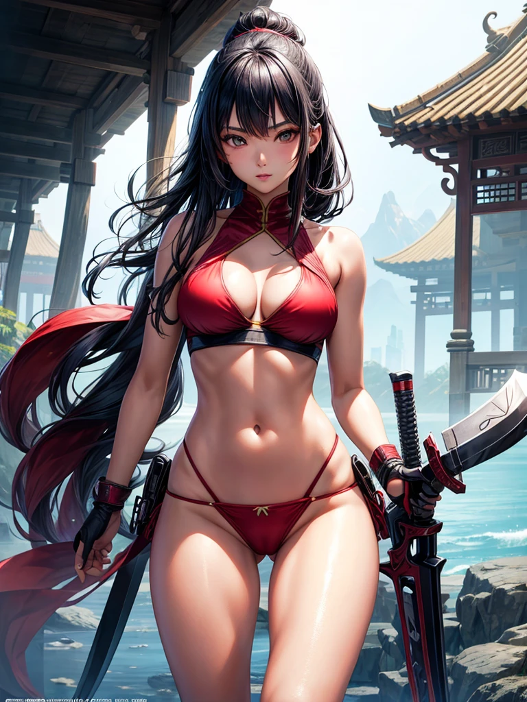 Beautiful Asian girl, 18 years old, bikini assassin girls, sexy lady, medium breasts, camel toe, hidden blade in hand,
