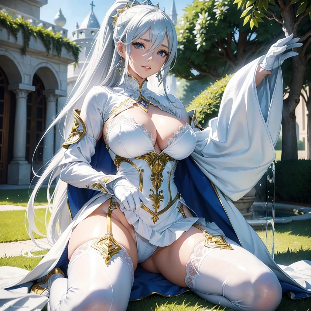 woman in a garden, Beautiful detailed eyes, beautiful detailed full lips, ( smiling)(Extremely detailed eyes and face), long eyelashes, low-cut blue blouse with high neck and long sleeves, white skirt (covering half of the thighs), (clothing decorated with fine intricate details)white cape on shoulders (tied in front by a thin gold chain) ( Intricate details silver earrings and necklace)., pointy ears,( white gloves), white high heel thigh high boots, long platinum white hair tied in a ponytail, lock of long hair that frames the face, detailed blue eyes, sitting on the grass (lying in the shade of a leafy tree), in a beautiful garden full of white and purple flowers( a beautiful fountain from which water flows in the garden center) ( holding in his hands a book decorated with fine details made with silver) (in the courtyard of a medieval castle with high white walls decorated with large arches and stained glass windows), Hyper-realistic full figure, (dynamic pose) perfect body( graceful hands nails painted bright silver) (Wide hips) (thick thighs), photorealistic, realistically shaded perfect body, (very big breasts), seductive anime girl, photorealistic render of anime girl, High quality detailed art in 8k,realistic 3d anime, voluptuous body, 3d anime girl, very detailed anime,