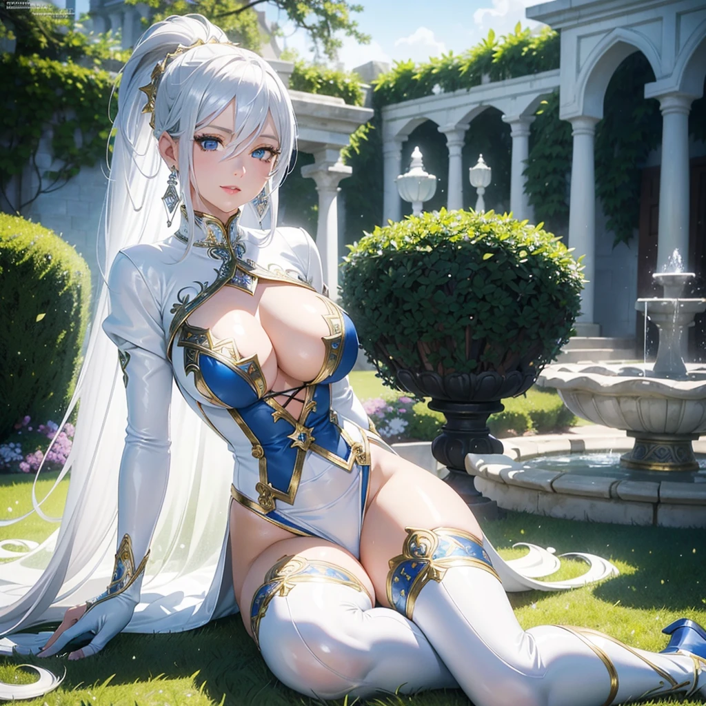 woman in a garden, Beautiful detailed eyes, beautiful detailed full lips, ( smiling)(Extremely detailed eyes and face), long eyelashes, low-cut blue blouse with high neck and long sleeves, white skirt (covering half of the thighs), (clothing decorated with fine intricate details)white cape on shoulders (tied in front by a thin gold chain) ( Intricate details silver earrings and necklace)., pointy ears,( white gloves), white high heel thigh high boots, long platinum white hair tied in a ponytail, lock of long hair that frames the face, detailed blue eyes, sitting on the grass (lying in the shade of a leafy tree), in a beautiful garden full of white and purple flowers( a beautiful fountain from which water flows in the garden center) ( holding in his hands a book decorated with fine details made with silver) (in the courtyard of a medieval castle with high white walls decorated with large arches and stained glass windows), Hyper-realistic full figure, (dynamic pose) perfect body( graceful hands nails painted bright silver) (Wide hips) (thick thighs), photorealistic, realistically shaded perfect body, (very big breasts), seductive anime girl, photorealistic render of anime girl, High quality detailed art in 8k,realistic 3d anime, voluptuous body, 3d anime girl, very detailed anime,