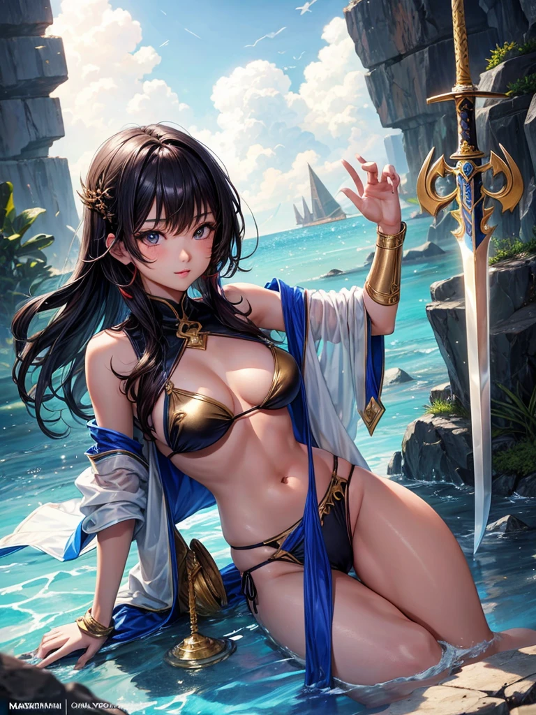 Beautiful Asian girl, 18 years old, bikini knight girls, sexy lady, medium breasts, camel toe, long sword,