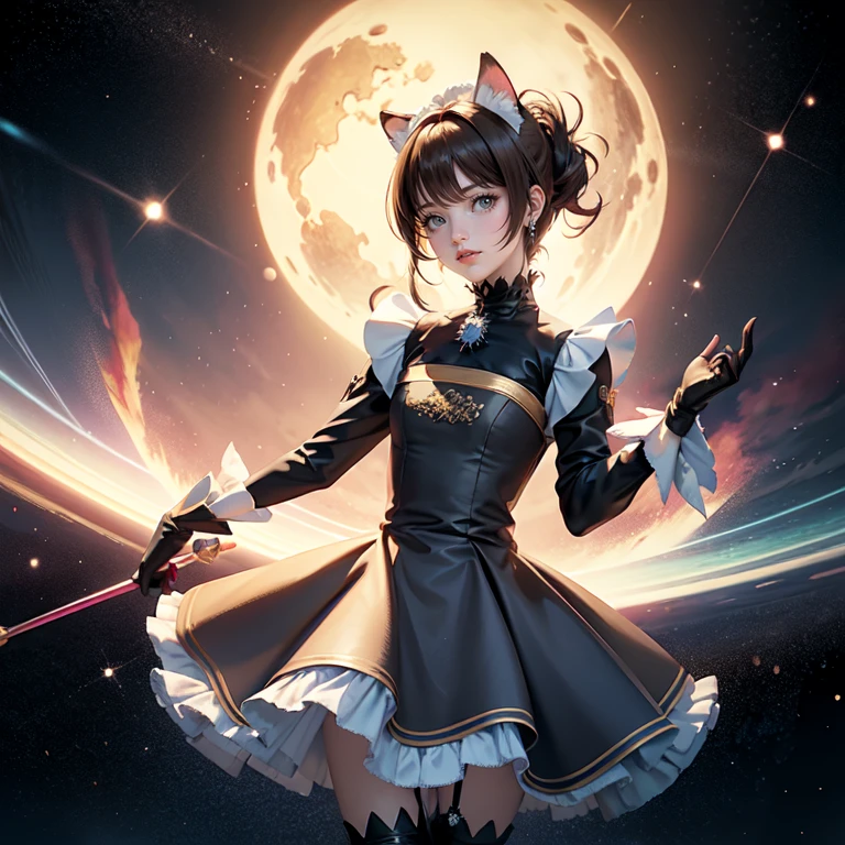 1girl, black maid dress, jewelry, light brown hair, flowing hair, short hair, black maid dress with a short skirt and layers, black laces, black boots, black dress with transparency, gold details on her clothes, cat ears, animal ears,  more details, perfectly body, perfectly hands, two hands, two legs, two arms, five fingers, glowing hair, best quality, hat, cat ears, tail ornament, tail bow, black gloves, two cat tail, black gloves, alone, maid headdress, choker, detached sleeves, maid dress, maid black dress, strapless, masterpeice, best quality, detailed face, night, asymmetrical gloves, bangs, black short skirt , black gloves, black boots, earrings, elbow gloves, fishnet thighhighs, fishmasterpeice, solo, best quality, detailed face, gloves, hair between eyes, jewelry, looking at viewer, single earring, sky, sleeveless, solo, thigh boots, thighhighs, tongue, tongue out, uneven gloves, solo, alone, Looking at the viewer, More details on the clothes, magenta roses on her hair, space scenery, maid, maid dress, magenta details, magenta roses, maid headdress, maid apron, wave hair, seat on the Saturn rings, more details on her clothes, gold details on her clothes, space, smiling, standing her hand to a viewer, looking at the viewer, in the background a several asteroids glowing with fiery auras, Dramatic lighting from distant stars and planets illuminates the scene, looking at the vast and mysterious universe, cowboy shot, upper body portrait, more details, sparkle,