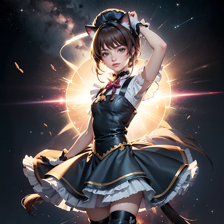 1girl, black maid dress, jewelry, light brown hair, flowing hair, short hair, black maid dress with a short skirt and layers, black laces, black boots, black dress with transparency, gold details on her clothes, cat ears, animal ears,  more details, perfectly body, perfectly hands, two hands, two legs, two arms, five fingers, glowing hair, best quality, hat, cat ears, tail ornament, tail bow, black gloves, two cat tail, black gloves, alone, maid headdress, choker, detached sleeves, maid dress, maid black dress, strapless, masterpeice, best quality, detailed face, night, asymmetrical gloves, bangs, black short skirt , black gloves, black boots, earrings, elbow gloves, fishnet thighhighs, fishmasterpeice, solo, best quality, detailed face, gloves, hair between eyes, jewelry, looking at viewer, single earring, sky, sleeveless, solo, thigh boots, thighhighs, tongue, tongue out, uneven gloves, solo, alone, Looking at the viewer, More details on the clothes, magenta roses on her hair, space scenery, maid, maid dress, magenta details, magenta roses, maid headdress, maid apron, wave hair, seat on the Saturn rings, more details on her clothes, gold details on her clothes, space, smiling, standing her hand to a viewer, looking at the viewer, in the background a several asteroids glowing with fiery auras, Dramatic lighting from distant stars and planets illuminates the scene, looking at the vast and mysterious universe, cowboy shot, upper body portrait, more details, sparkle,