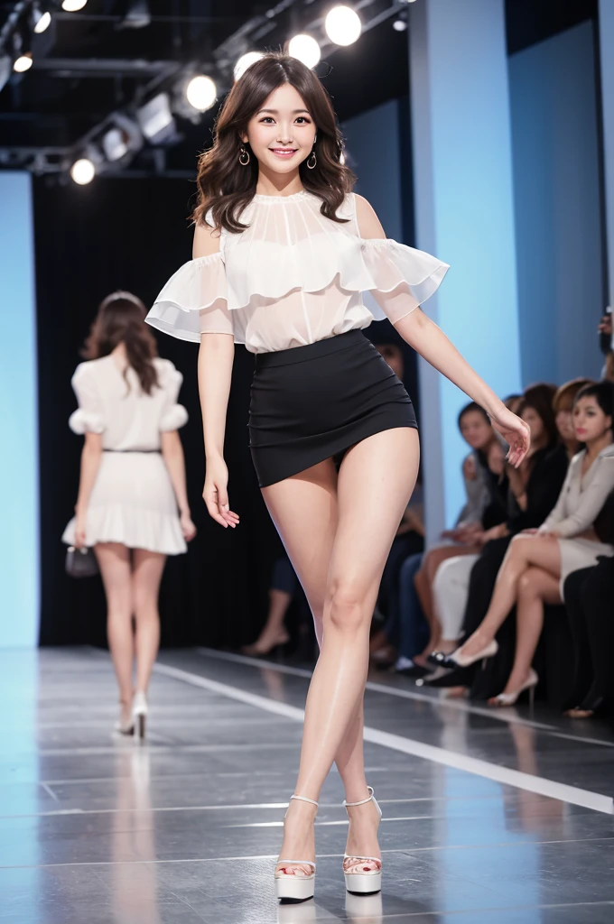 The finely pleated skirt sways gracefully.、Sheer blouse、Walking towards me on the runway at a fashion show、The eyes are round and large.、A woman with a cute smile that shows her white teeth, a large bust, a small waist, and a slender figure.、White skin、Japanese woman with long wavy hair、A cute round-faced 20-year-old girl、Slim figure、Wearing high heels、A bright, photographic-quality image showing your entire body, from your high heels to your head、Walking towards me on the runway at a fashion show