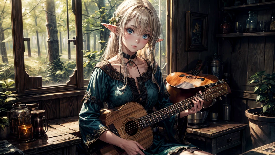 1人のElf 一人で, Tavern, Fantasy, Playing a musical instrument, lute, Elf, 8k wallpaper, Super detailed, beautifully, masterpiece, Highest quality, Realistic, Fairy, Light Theme, Bright Forest, dress,Botanical, Natural light, She has a serious look and a slight smile,