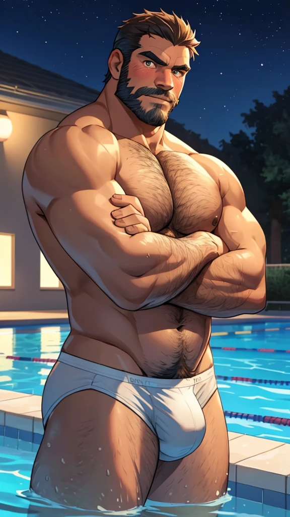 male, (mature daddy swimming coach), (naked upper body), (wearing swimming underwear), handsome, muscular, hairy, (blush), (posture with arms crossed), middle aged man, homoerotic, Standing, realistic, night, delicate eyes, hairy legs, (stare erection underwear)