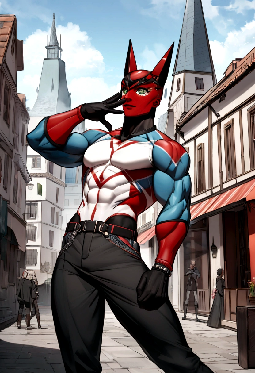 Glamrock Muscular adult Freddy wearing harnesses pulling on a leash and wearing a jockstrap leaning against a wall pointing to a door behind him with a flirtatious and seductive look