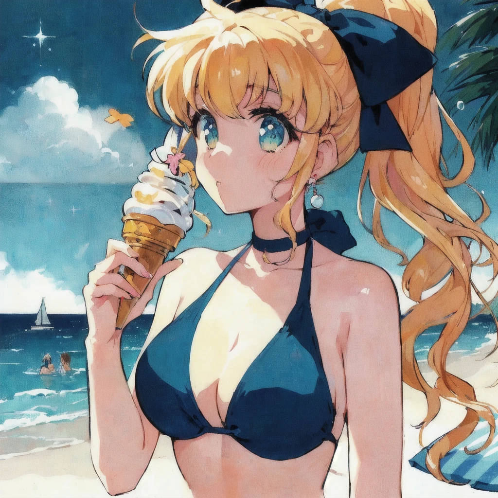 At the BeachSoft creamを食べるビキニ姿のアニメの女の子, Lo-fi Girl, Retro Anime Girls, 80s anime art style, Beautiful anime art style, At the Beach, Lofi Art, 80s anime art style, Anime illustration, 80s anime art style, High quality anime art style, Anime Style 4k, Anime Wallpaper
