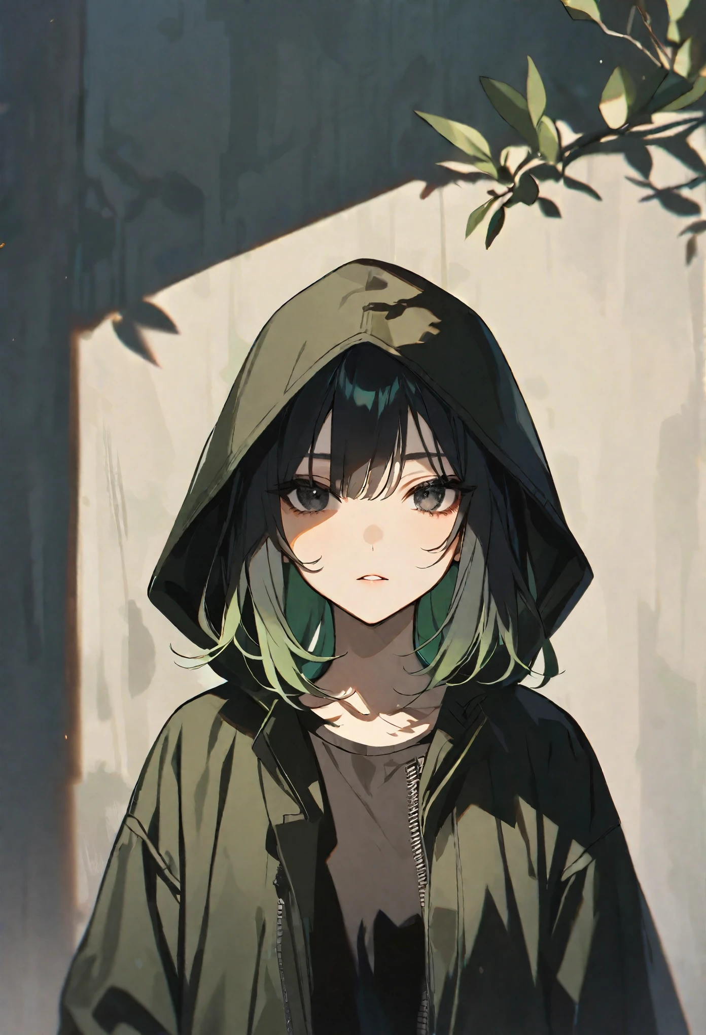 solo, 1 female, black hair and light green hair, black eyes, dark olive shirt, black jacket hood
