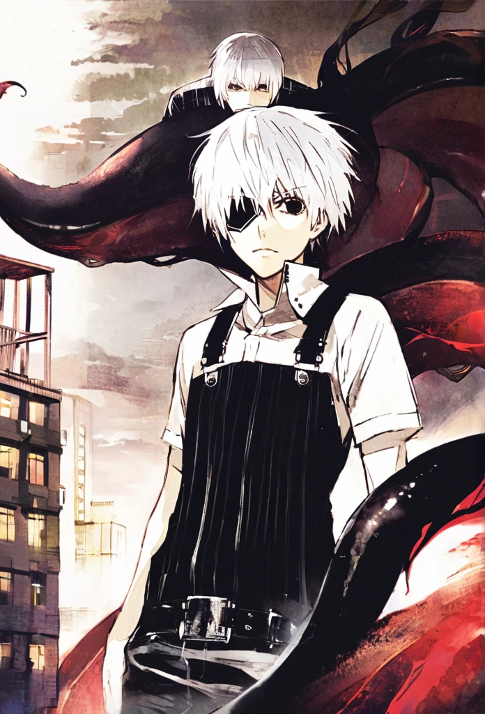 ```
ken kaneki, Tokyo Ghoul, white hair, black outfit, eyepatch, half-ghoul, serious expression, red kakugan eye, kagune tentacles, detailed face, high quality、Acrobatic、Wind-like sensation、

```