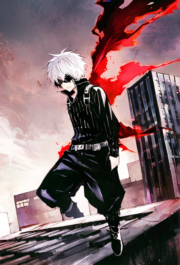 ```
ken kaneki, Tokyo Ghoul, white hair, black outfit, eyepatch, half-ghoul, serious expression, red kakugan eye, kagune tentacles, detailed face, high quality、Overall view、Uplifting、Cold-like sensation、Acrobatic、disaster々Aura、disaster々Cool atmosphere、Black Air、Overall view、Stand on top of a building、Twilight、夜の街、輝くビル街

```