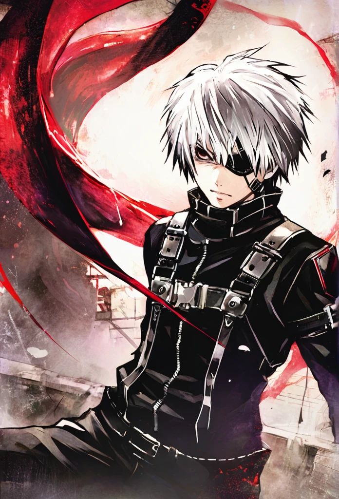 ```
ken kaneki, Tokyo Ghoul, white hair, black outfit, eyepatch, half-ghoul, serious expression, red kakugan eye, kagune tentacles, detailed face, high quality、Overall view、Uplifting、Cold-like sensation、Acrobatic、disaster々Aura、disaster々Cool atmosphere、Black Air、Overall view、Stand on top of a building、Twilight、夜の街、輝くビル街
```