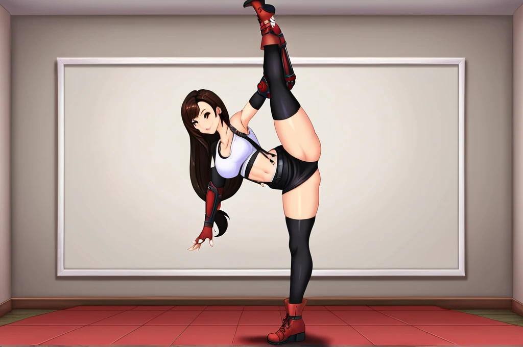 (masterpiece, best quality:1.2), 1girl, solo,standing_split, full body,
tifa lockhart, final fantasy, white crop top, elbow pad, fingerless gloves, suspenders, pencil skirt, white tshirt, sexy look, short skirt, miniskirt, pencil skirt