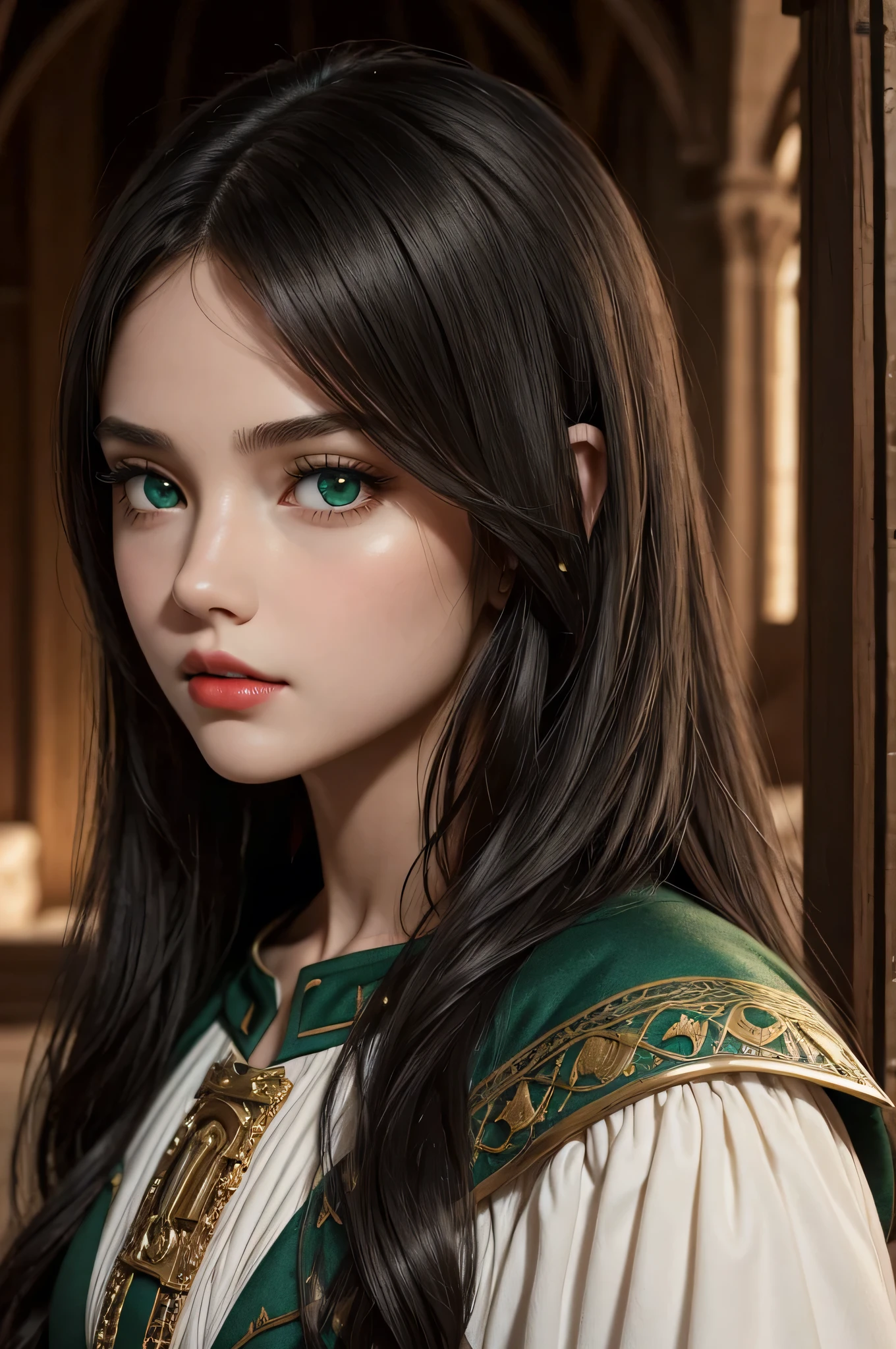 ((best quality)), ((masterpiece)), (detailed), ((normal anatomy)), beautiful eye detail, perfect slim face, high detail, charismatic, full body, realistic, cinematic lighting, defined body, super detail, high realism, a prety dark haired young girl with long curly black hair with fringe, beautiful green eyes, pale complexion with perfect skin, full red lips with a pout, medieval fantasy theme, inside a medieval castle, she has a slim build and is wearing an expensive medieval european-style dress, beautiful face, 9years old