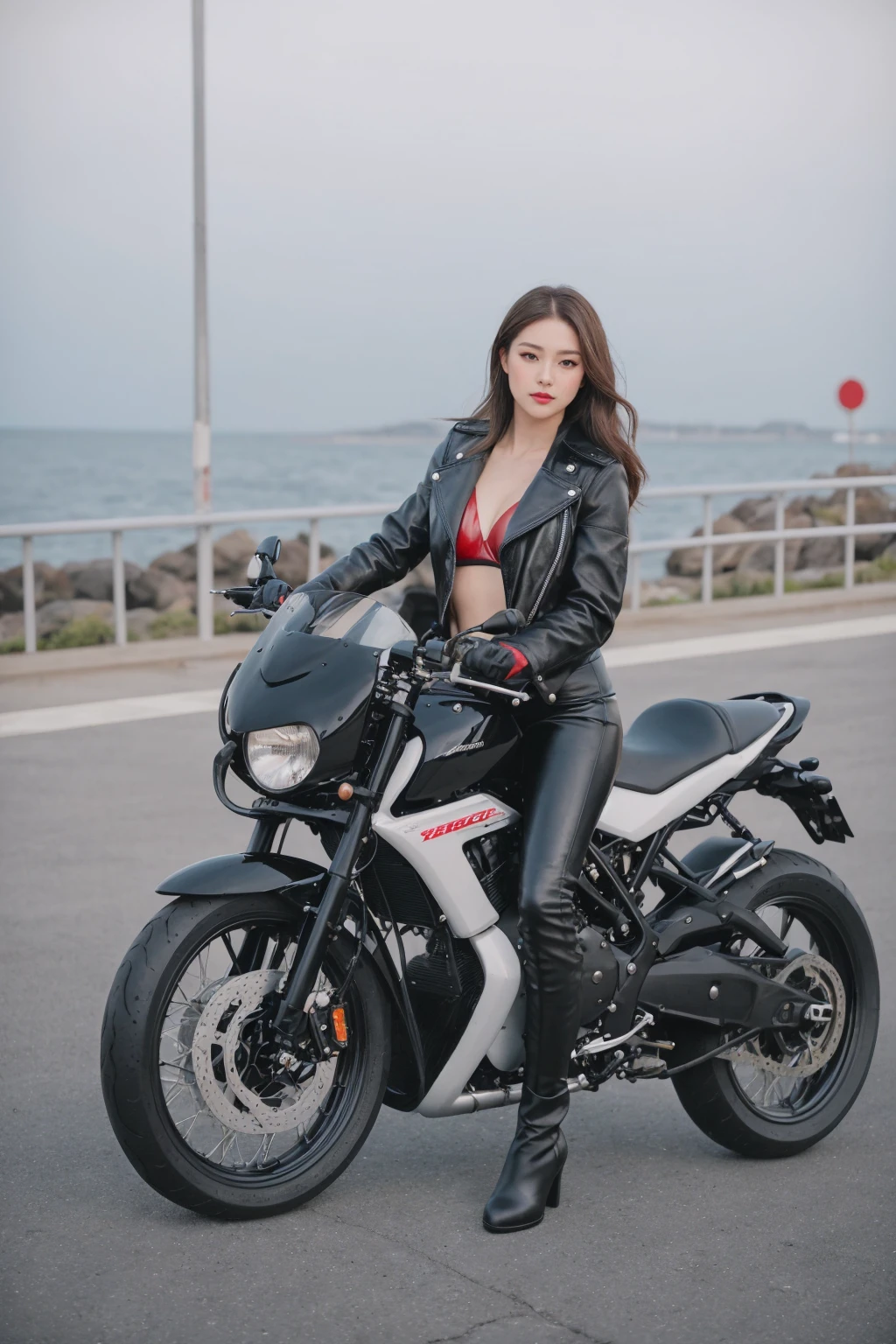 realistic,score_9, score_8_up, score_7_up, BREAK,
 Full body shot, photo of the whole motorcycle, Cute young woman in Japan, Ride an old traditional shiny metallic silver motorcycle at the wharf, glamorous shape, shoulder length shiny smooth light brown hair, Wearing a leather black riding jacket, Glossy satin red bikini under riding jacket, Leather Black Riding Gloves, Leather Black Pants, Leather Black High Heel Long Boots, staring at night view over the sea, absolutely pretty face, Double eyelids, Natural makeup, long eyelashes, Glossy lips, 8K resolution, high details, detailed hairstyle, Detailed face, Black eyes, elegent, epicd, Cinematic lighting, Octane Rendering, Vibrant, Hyper realistic, Fair skin, Perfect limbs, Perfect Anatomy