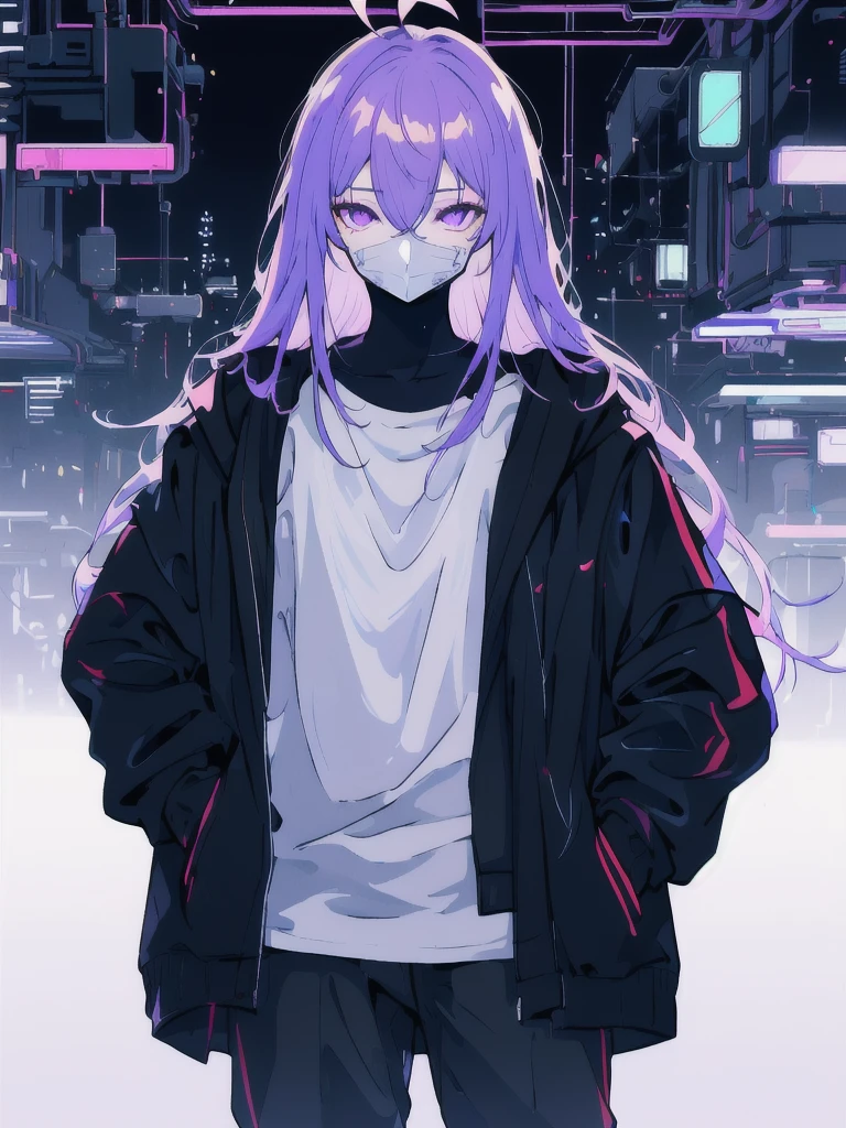 ((masterpiece)), (best quality), ((highres)), 4K, Detailed, (Ambient Light, Digital Art, Soft Lighting, extremely detailed 8K wallpaper:1.2), BREAK 1girl, solo, pale skin, violet eyes, violet hair, ahoge, (absurdly long hair:1.1), flat chest, cyberpunk scenery, black jacket, pants, shirt, night, hand in pocket, looking at viewer, hair between eyes, expressionless, rtx, neon light, black medical mask