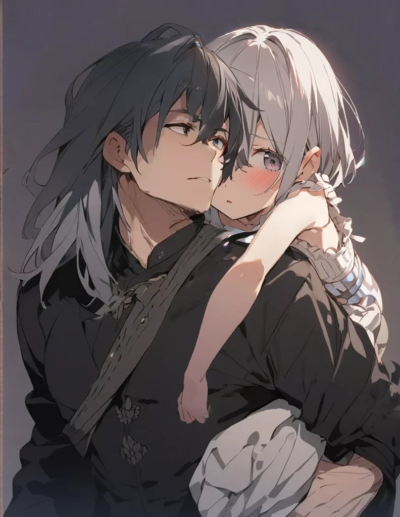 Girl being piggybacked　Gray Hair　short hair