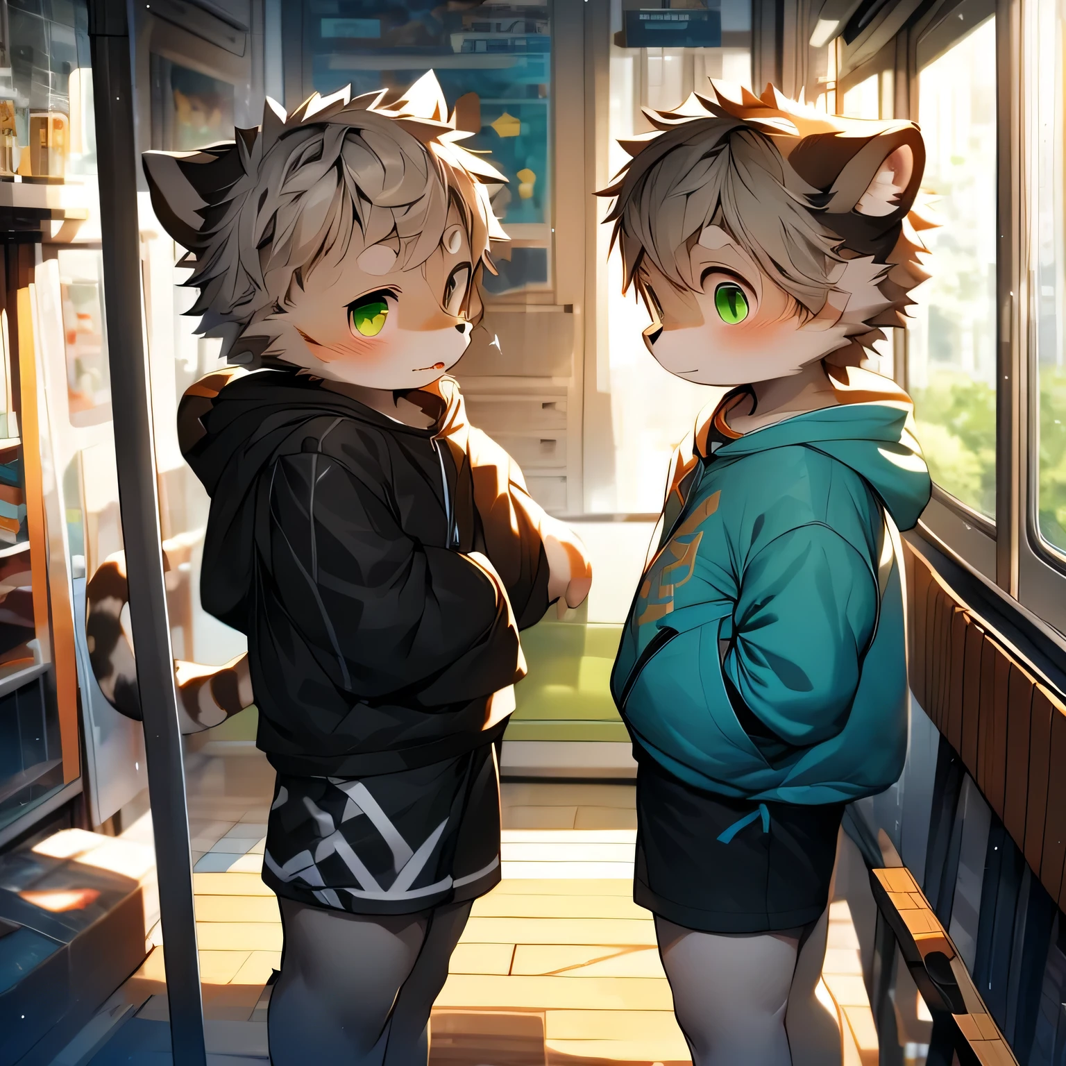(Cat,Gray hair and green eyes,Yellow and whellote coat color,cute,vitality,Boys have strong sexual desire,,Wear a sweatshellort with a pink pattern,Lively cute,shorts, wind element,hairy),Digital artwork with light effects.a boy,Monomorphism,hairy,Wild,(Digital media \(artwork\):1.2),(hello,It's nothellong,absurdes:1.2),Perfect anatomical structure,Anatomically correct,detailed,detailed face,detailed eyes,(Realistic fur,detailed fur:1.25),detailed background,Amazing background. rest (author:Flat base \(Artist\):1.2),(author:Unreal Land,author:Junmi Kuroi,author:Milk Tiger 1145,author:Moki,author:Enamel 1,Through the oocyst:1.2),(author:Xia Huaiting:0.8),(Pino Deheny:0.8),(author:Sios Shelloru:0.8),(By Chuni:0.8).