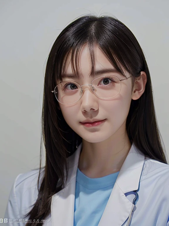 (RAW Photos, Highest quality), (Glasses), masterpiece, Natural light, 1 Girl, Smooth Hair、Wear a lab coat over your scrubs, Hospital examination room, Stethoscope, head shot