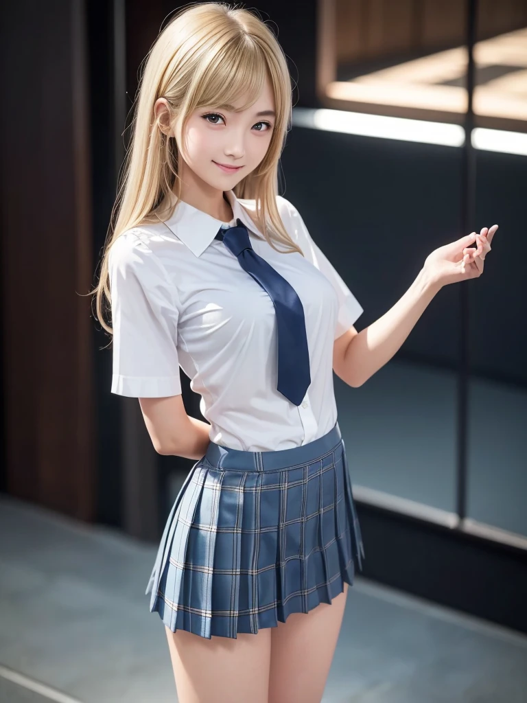 8K, Highest quality, The real picture, Intricate details, Very detailed, Ultra-high resolution, Depth Field,(Realistic,Realistic:1.2),Tabletop , ((Full Body Shot)) , ((Long, slender legs)), 1 girl, eye_Chan, Very beautiful 17 year old girl, innocent big eyes,、Beautiful breasts:1.5、非常に詳細なeye:1.2)、(Beautiful breasts:1.1)、((Blonde))、(Long Bob Hair), Asymmetrical bangs, Perfect Skin, Fair skin, Small breasts, Tight waist, alone, Staring at the audience, (smile)、((School_uniform), (White shirt、Wear a tie), (Blue checkered pleated micro mini skirt), ((Fold your arms in front of your chest and act arrogantly)), ((楽しそうなsmile)), ((Perfect hand shape))