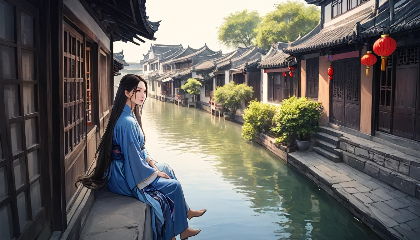 China, Jiangnan, Old Town, Canal Town, Water Town, Shuzhou, Xitang, summer, 1 beautiful young woman with long hair, Flowing robe, Sitting on the porch, Look Back