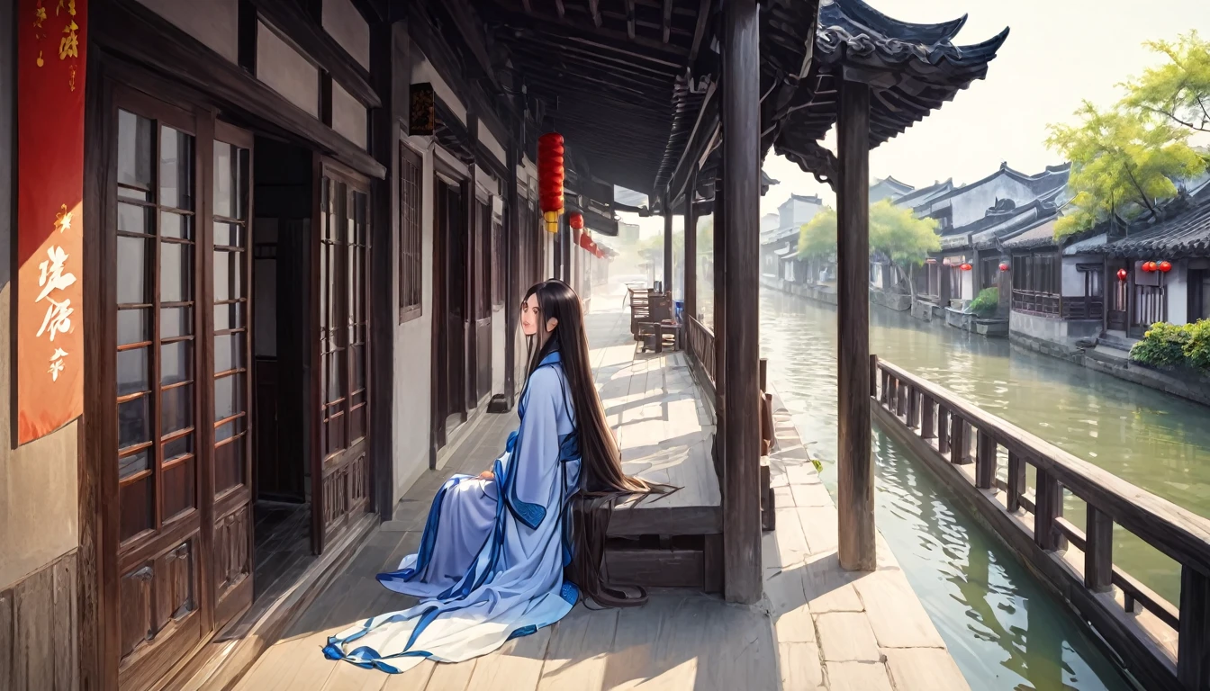 China, Jiangnan, Old Town, Canal Town, Water Town, Shuzhou, Xitang, summer, 1 beautiful young woman with long hair, Flowing robe, Sitting on the porch, Look Back