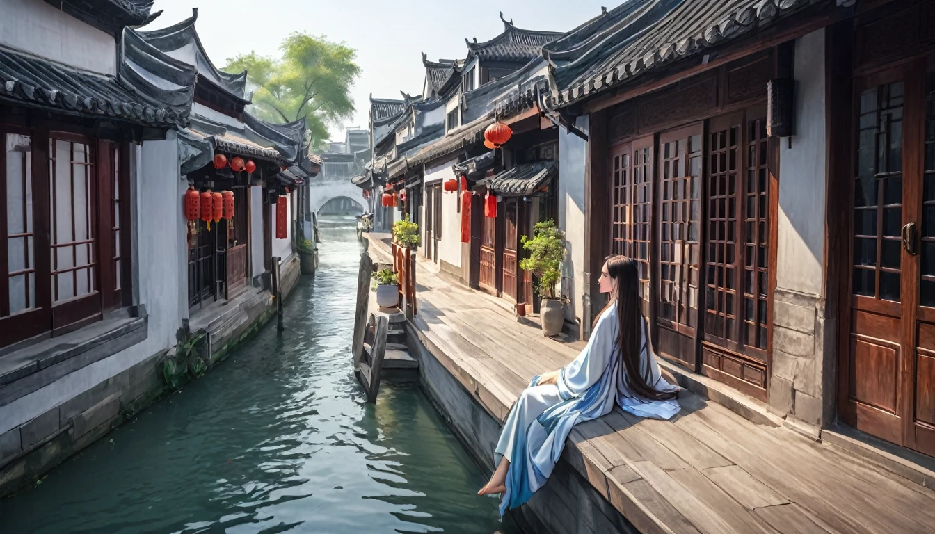 China, Jiangnan, Old Town, Canal Town, Water Town, Shuzhou, Xitang, summer, 1 beautiful young woman with long hair, Flowing robe, Sitting on the porch, Look Back