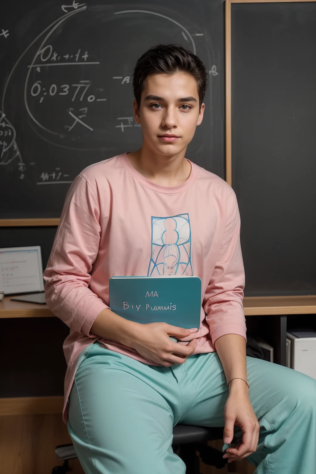 A beautiful, cute male young man with a make-up face and black hair, wearing a long-sleeved pink shirt and aqua blue pants. He is in his office, and behind him is a blackboard with the shape of the brain, its anatomy, and mathematical equations written on it. He is sitting at a desk writing with a huge calculus book.