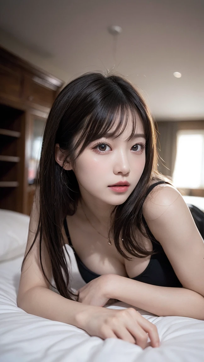 In detail, High resolution, high quality、Perfect dynamic composition, Beautiful attention to detail, Medium Hair,Natural color lip,Kamimei、Shibuya Ward、20-year-old girl、1 person、Clear Skin、Shiny Hair、Tabletop, 最high quality, figure, Super detailed, In detail, High resolution, 8K、The correct state of the human body、Random pose、Sculpture model pose,Hair dancing in the wind、underwear,Hair length,big ,hugeな胸の谷間, Bold sexy pose,huge 、Whole body、Inside the room、On the bed、Large Breasts、Lying down pose