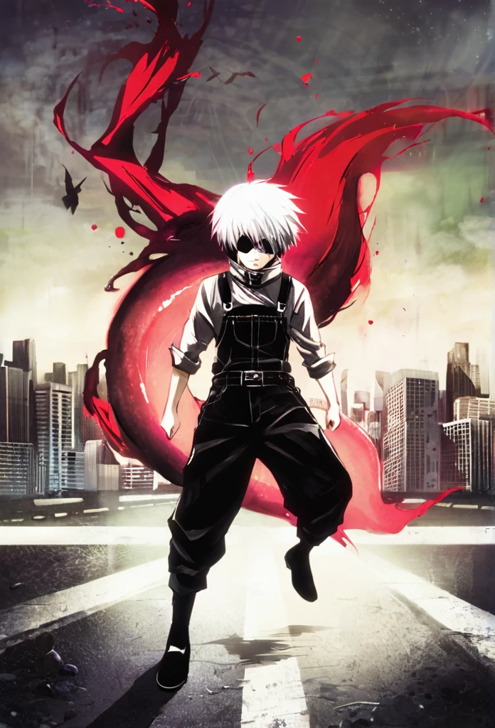 ```
ken kaneki, Tokyo Ghoul, white hair, black outfit, eyepatch, half-ghoul, serious expression, red kakugan eye, kagune tentacles, detailed face, high quality、Overall view、Uplifting、Cold-like sensation、Acrobatic、disaster々Aura、disaster々Cool atmosphere、Black Air、Overall view、Twilight、Get lost in the crowds、nightの道、Shining cityscape、night、

```