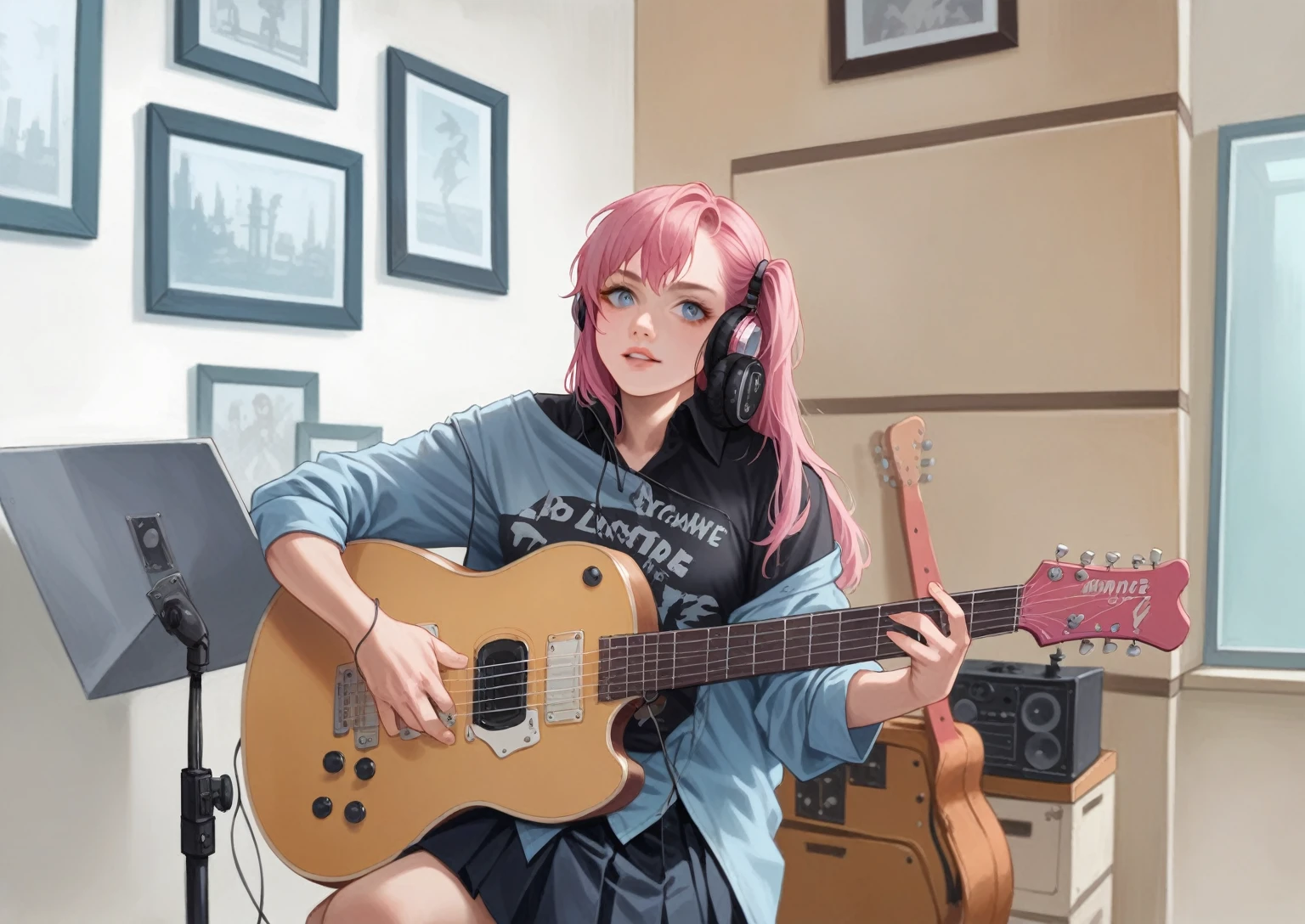 ((masterpiece,best quality))1girl, solo, black shirt, white skirt, blue eyes, long pink hair, playing guitar, pleated skirt, indoors, (sitting on bed, m shaped spreading legs:1.5, wet panties, seriously face:1.5, ),