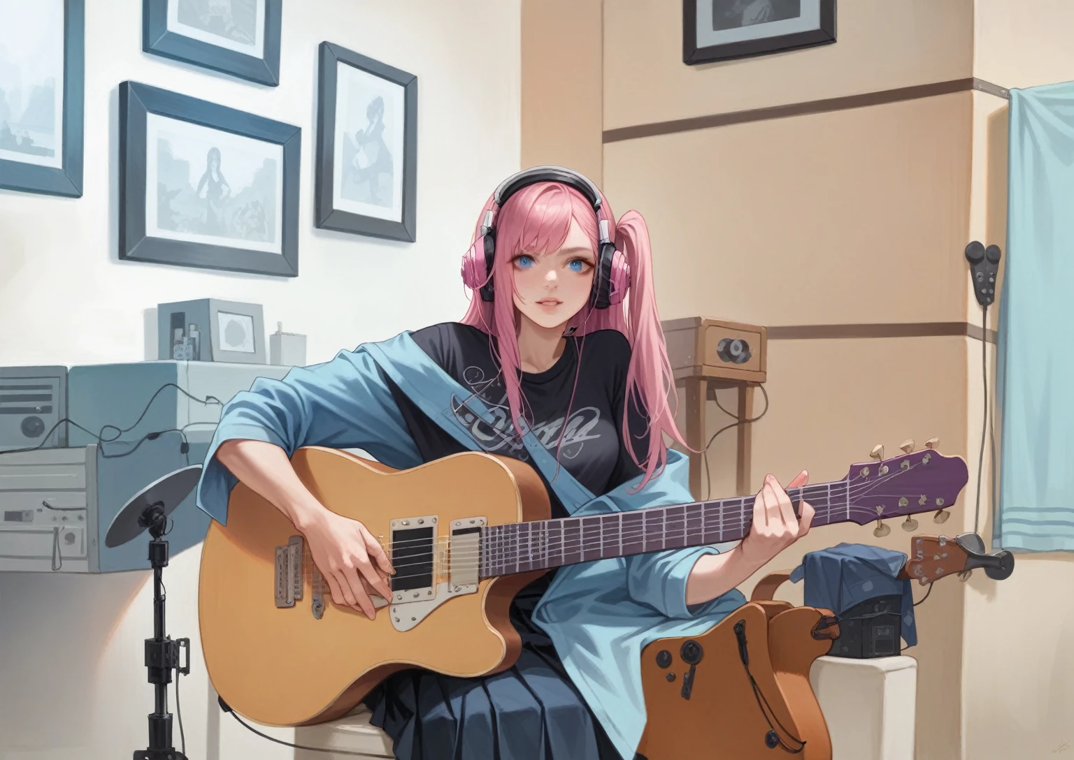 ((masterpiece,best quality))1girl, solo, black skirt, blue eyes, electric guitar, guitar, headphones, holding, holding plectrum, instrument, long hair, , music, one side up, pink hair, playing guiter, pleated skirt, black shirt, indoorsï¼(Unreal Engine Rendering: 1.1),(realistic, photo-realistic:1.1),(super detail: 1.2), very clear, film level lighting, 4k, masterpiece,high resolution, skin texture,