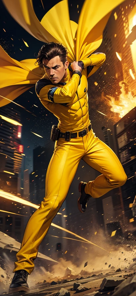 A comic book style image of a man in yellow clothes fighting an enemy