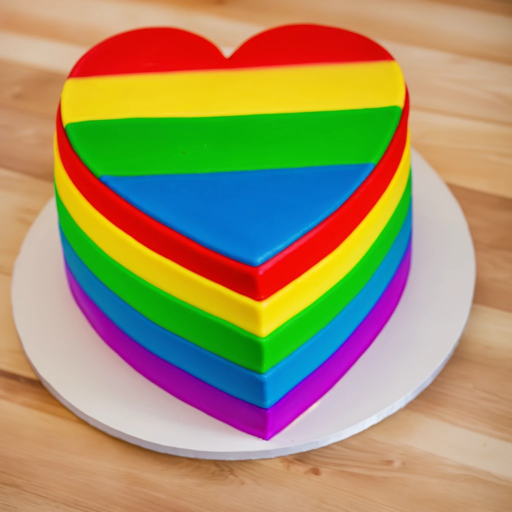 on a wooden table, worth a heart shaped cake, rainbow gradient cream cake, Cream cake , cream texture, Realistic style, realistic texture, bright lighting, high quality, detailed texture, Beautiful light from the window, beautiful lighting, high detail, macro photography, ultra 4k hd 