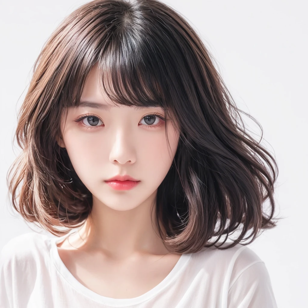 woman, body hairstyle, long style, bob length, soft curl, integrated into face line bangs, black hair, Nikon Z7 II Mirrorless Camera, 120mm F/4 wide-angle lens, best quality, masterpiece, ultra detailed, flowing, 3dmm, ink sketch, color ink, ink rendering, octane render, pastels, clear face, full hairstyle, white background, only show face and neck, white t-shirt, face centered, ID photo style