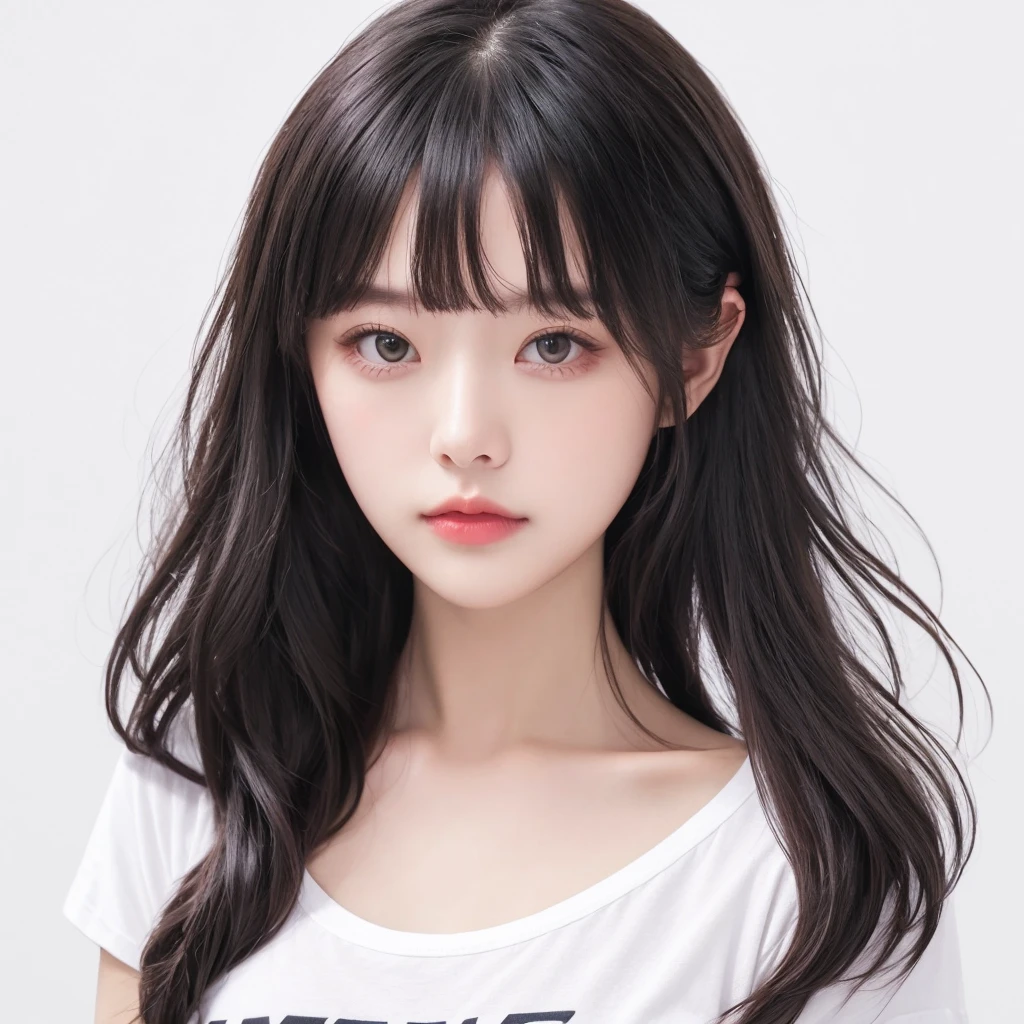 woman, body hairstyle, long style, bob length, soft curl, integrated into face line bangs, black hair, Nikon Z7 II Mirrorless Camera, 120mm F/4 wide-angle lens, best quality, masterpiece, ultra detailed, flowing, 3dmm, ink sketch, color ink, ink rendering, octane render, pastels, clear face, full hairstyle, white background, only show face and neck, white t-shirt, face centered, ID photo style