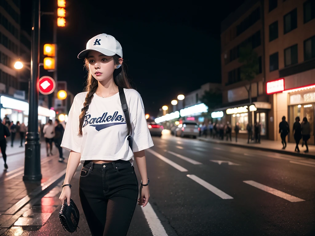 A girl,night,Walking on the street,With a baseball cap,Wearing headphones