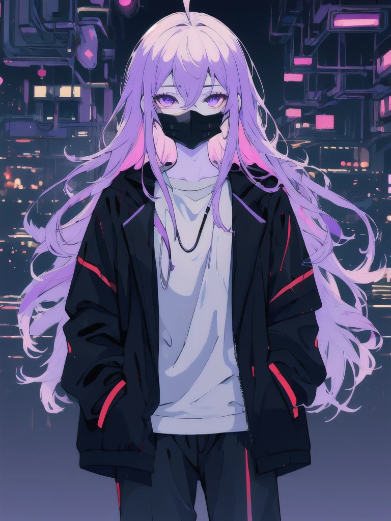 ((masterpiece)), (best quality), ((highres)), 4K, Detailed, (Ambient Light, Digital Art, Soft Lighting, extremely detailed 8K wallpaper:1.2), BREAK 1girl, solo, pale skin, violet eyes, violet hair, ahoge, (absurdly long hair:1.1), flat chest, cyberpunk scenery, black jacket, pants, shirt, night, hand in pocket, looking at viewer, hair between eyes, expressionless, rtx, neon light, black medical mask