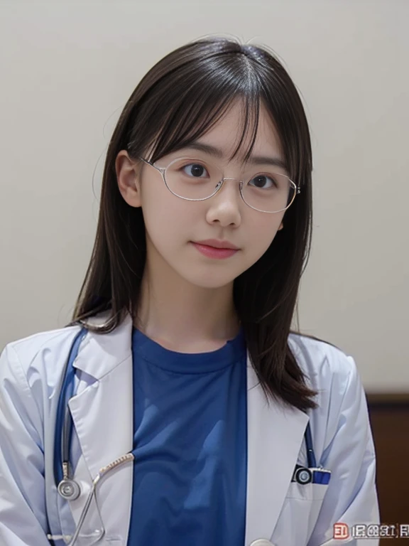 (RAW Photos, Highest quality), (Glasses), masterpiece, Natural light, 1 Girl, Smooth Hair、Wear a lab coat over your scrubs, Hospital examination room, Stethoscope, head shot