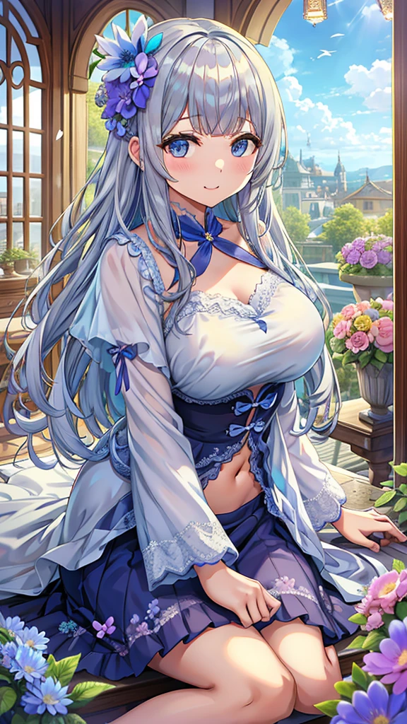 Masterpiece、Highest quality、Super detailed、Fluffy and soft long hair、Gray Hair、Flowerのように可愛い瞳、Big Tits、Too big breasts、Flowerの国、Sitting on the windowsill、blue sky、Flower、満開のFlower、smile、Lace cape、Belly button、咲き乱れるFlower、Flowerに囲まれる、Bright atmosphere