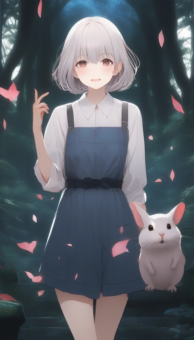 score_9, score_8_up, score_7_up, score_6_up, score_5_up, score_4_up, source_anime, beautiful and cute woman, innkeeper, playing with squirrels, long face, silvery bob cut, blunt bangs, droopy eyes, smirk, pink cheeks, in a dim forest, faint moonlight, inn entrance with stained glass, simple and simple, slightly scary picture book illustration style