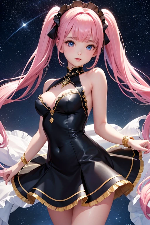 Highest quality、Highest quality、Masterpiece、woman1people、Black shiny decollete dress、Golden embroidery、Frill mini skirt dress、Perfect body line、Adorable poses、Realistic、Glowing Skin、Groomed eyebrows、Pink Lips、Blue Eyes、Twin tails、Pink Hair、delicate、Shiny Hair、detailed、Skirt in the wind、White frills、The background is the starry sky and the sea