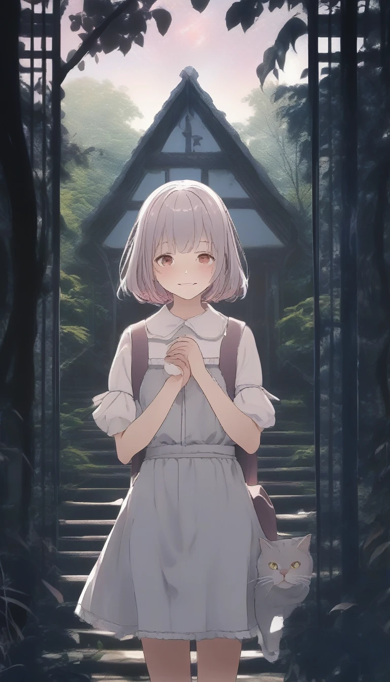 score_9, score_8_up, score_7_up, score_6_up, score_5_up, score_4_up, source_anime, beautiful and cute woman, innkeeper, playing with cats, long face, silvery bob cut, blunt bangs, droopy eyes, smirk, pink cheeks, in a dim forest, faint moonlight, inn entrance with stained glass, simple and simple, slightly scary picture book illustration style