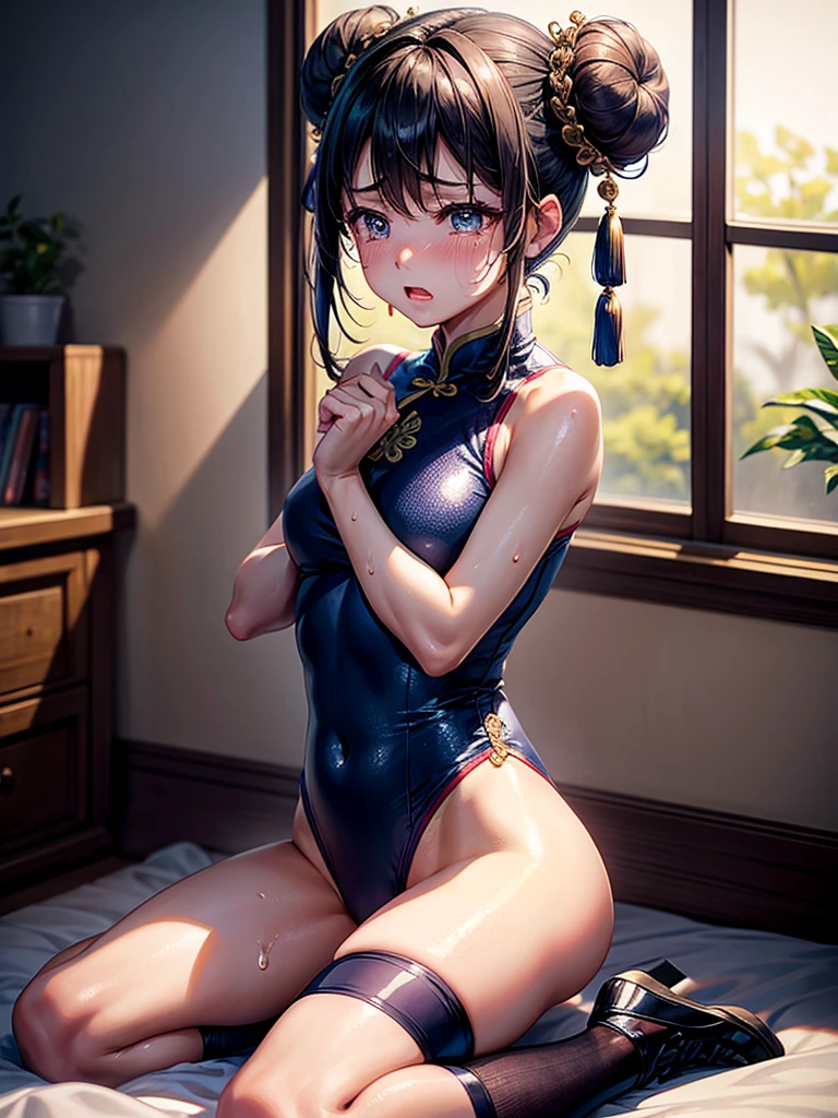 Highest Resolution,Highest quality,A beautiful girl in a Chinese leotard crying,Bun Hair,Dark bedroom,Tears,Open your mouth and drool,whole body,Sweat profusely,Cry,Beautiful eyes,