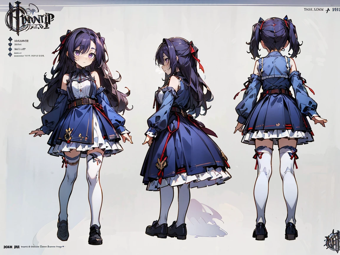(((three-sided view, front view, side view, back view, multiple views, multiple poses and expressions, many parts)), concept art, character concept art, character sheet, Full body, illustration, (simple background, gray background), 1 character, 1girl, fantasy art:1.1), (reo mikage:0.7), blue lock, girls with((black hair, bangs, (one side up, long wavy hair, ribbon:1.55), perfect hands, perfect fingers, (exposed breasts, tits cleavage, breasts close up:1.2), dress((suspenders, dress, belt, nun:1.15), (blue clothes, frills shirt, no sleeves, sleeveless, frills panniers, long sleeves, white legwear, thighhighs, single thighhighs, single legwear, black footwear, strap shoes:1.42))