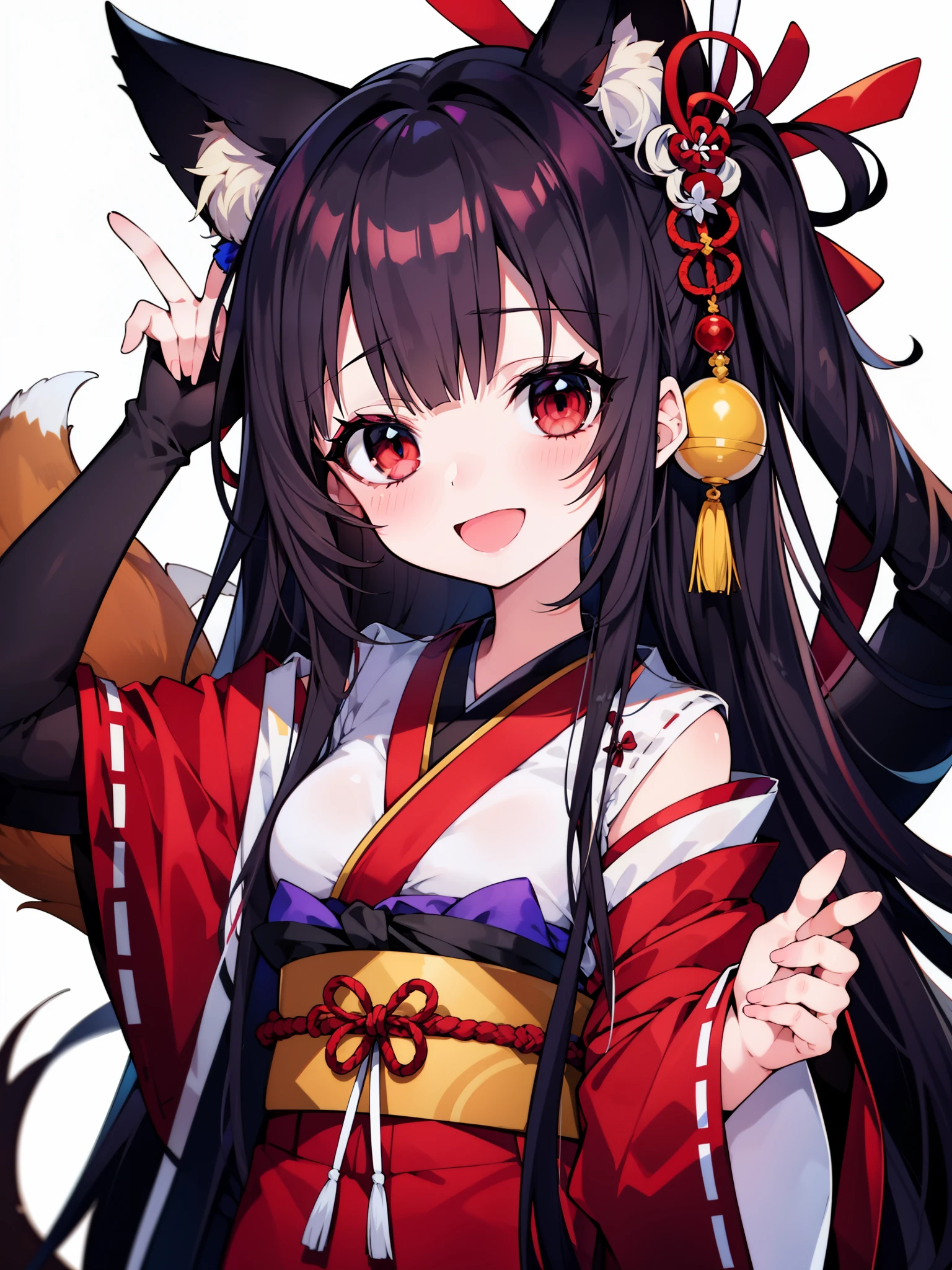 rating:safe, 1girl, animal_ears, japanese_clothes, long_hair, solo, red_eyes, kimono, fox_ears, open_mouth, smile, looking_at_viewer, white_kimono, black_hair, upper_body, black_background, akagi_(azur_lane), blush, bangs, :d, eyebrows_visible_through_hair, makeup, tail, simple_background, brown_hair