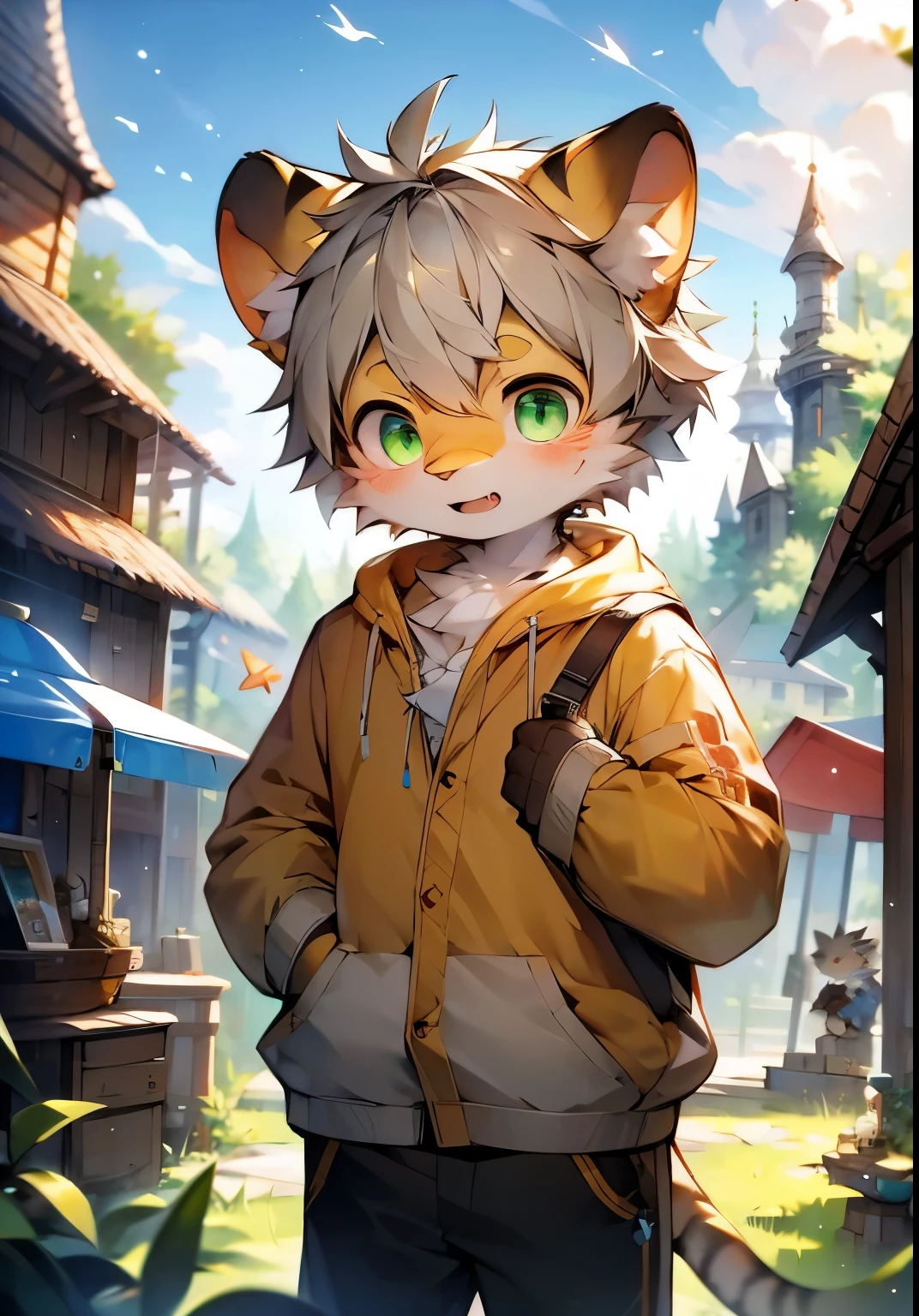 (Cat,Gray hair and green eyes,Yellow and wHellote coat color,cute,vitality,Boys have strong sexual desire,,Wear a sweatsHellort with a pink pattern,活泼cute,shorts, wind element,hairy),Digital artwork with light effects.a boy,Monotonous Anthropology,hairy的,Wild,(digital media \(artwork\):1.2),(Hello,It's notHellong,Absurd:1.2),Perfect anatomical structure,Anatomically correct,detailed,detailed face,detailed eyes,(Realistic fur,detailed fur:1.25),detailed background,Amazing background. rest (author:Flat base \(artist\):1.2),(author:Unreal Land,author:Kuroi Junmi,author:Milk Tiger 1145,author:Moki,author:Enamel 1,Through the oocyst:1.2),(author:Xia Huaiting:0.8),(Pino Deheny:0.8),(author:Sios SHelloru:0.8),(By Chuni:0.8).