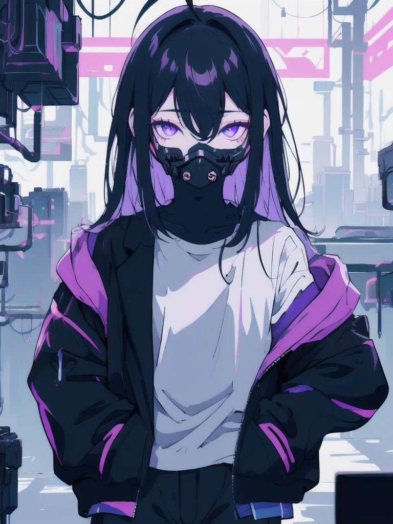 ((masterpiece)), (best quality), ((highres)), 4K, Detailed, (Ambient Light, Digital Art, Soft Lighting, extremely detailed 8K wallpaper:1.2), BREAK 1girl, solo, pale skin, violet eyes, violet hair, ahoge, (absurdly long hair:1.1), flat chest, cyberpunk scenery, black jacket, pants, shirt, night, hand in pocket, looking at viewer, hair between eyes, expressionless, rtx, neon light, black medical mask