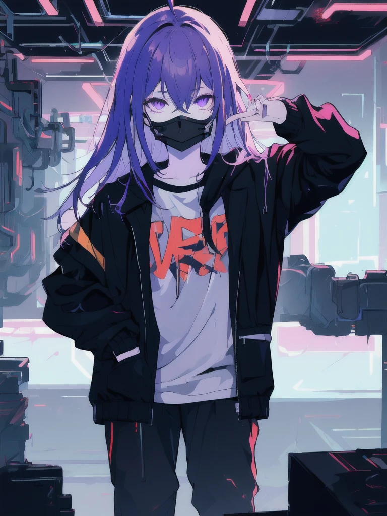 ((masterpiece)), (best quality), ((highres)), 4K, Detailed, (Ambient Light, Digital Art, Soft Lighting, extremely detailed 8K wallpaper:1.2), BREAK 1girl, solo, pale skin, violet eyes, violet hair, ahoge, (absurdly long hair:1.1), flat chest, cyberpunk scenery, black jacket, pants, shirt, night, hand in pocket, looking at viewer, hair between eyes, expressionless, rtx, neon light, black medical mask